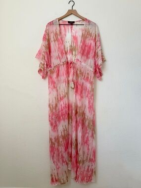 Aakaa Pink Tie-Dye Sheer Kimono Cardigan Cover Up Maxi Dress Size Large